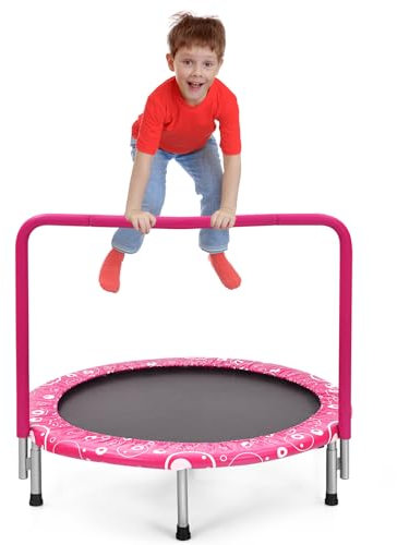 KOMFOTTEU Kinder Mini Trampolin φ92cm, Kindertrampolin Faltbar, Fitness Trampolin mit Haltegriff & Sicherheitsabdeckung, Gartentrampolin bis 150kg, Jumping Trampolin Indoor & Outdoor (Pink)