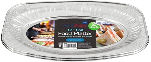 HOMESHOPA Aluminum Foil Disposable Oval Serving Platter 17 Inch, 2 Pack Silver Embossed Foil Food Trays, Oven and Food Safe, Lightweight Reusable Catering Plate for Party, Buffet