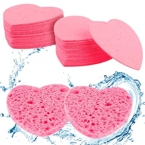 Esponjas faciales comprimidas, 60 esponjas faciales de celulosa para limpieza diaria (corazón)