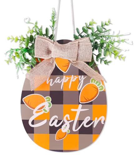 Honitra Frohe Ostern Türschild, Ei geformte Ostern Zeichen, Ostern Willkommensschild für Haustür-Wand Deocr, hölzernes Ostern Zeichen mit Bogen und Blätter, Happy Easter Zeichen für Türdekorationen