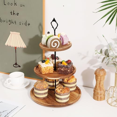 fengman123 Soporte redondo de madera para cupcakes, de 3 niveles, con mango de metal, para fiestas de cumpleaños, bodas, fiestas de Navidad