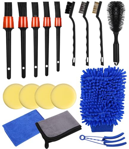Huifoo Lot de 17 brosses de nettoyage pour voiture et chiffons en microfibre, kit de nettoyage pour l'intérieur et l'extérieur, brosse de voiture pour le nettoyage intérieur et extérieur, moteur,