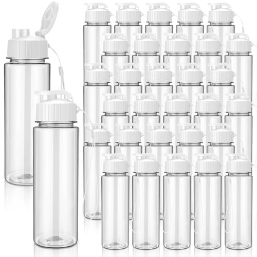 Maxcheck 30 Pieces Water Bottle Bulk Plastic Water Bottles Bulk with Handle Strap Lightweight Leakproof Drink Flip Top Bottles for Adults Fitness Gym(Classic Style,White)
