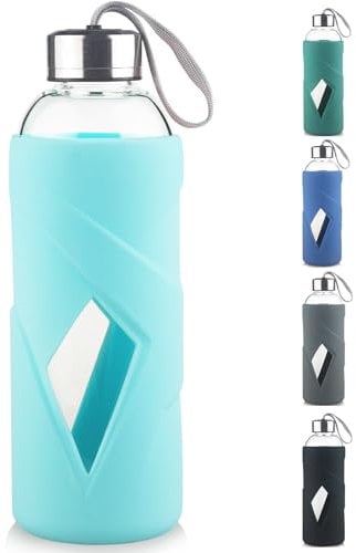 SHOW INGENUITY 1 Litre Gourde en Verre - 1000ml Bouteille d'eau en Verre Borosilicate sans BPA de avec Bouchon étanche et étui de Protection en Silicone