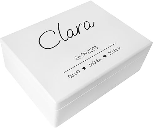 Creative Deco Weiße Erinnerungsbox Baby Personalisiert mit Namen 40x30x14cm | Sterne | Individuelle Erinnerungskiste Geschenk zur Geburt für Mädchen und Jungen | Holzkiste mit Deckel