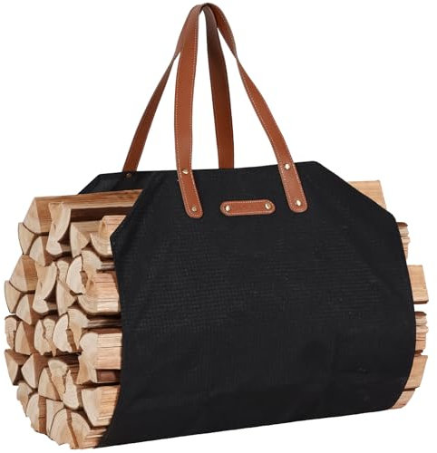Permade Kaminholzträger mit Griffen aus echtem Leder, Holzträger für Kaminholz, Leinwand, 97,5 x 43,9 cm, Holzträger für Kamin, wasserabweisende Kaminholz-Tragetasche, Herd, Outdoor-Camping, Schwarz