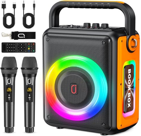 HWWR Machine de karaoké avec 2 Microphones, Haut-Parleur Portable Bluetooth, système de sonorisation pour Adultes et Enfants avec lumières LED, Machine de karaoké upporta TWS/Rec/AUX/USB/TF pour Les