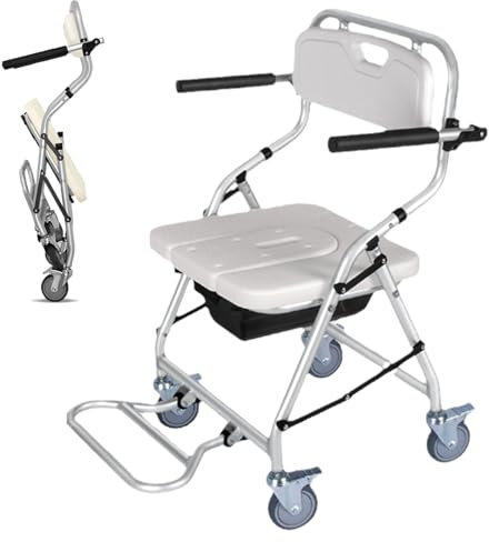 Joyfitness Sedia a rotelle Pieghevole da Toilette con rotelle bloccabili, Sedia da Doccia Mobile per WC con Secchio Staccabile, Sgabello per sedie a rotelle da Bagno per Anziani e Donne Incinte