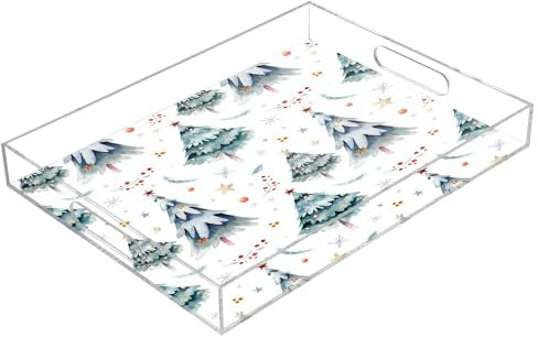 Acryl-Serviertabletts mit Griffen, transparentes Acryl-Tablett, rechteckig, 30,5 x 40,6 cm, transparent, wasserdicht, Aquarell, Frohe Weihnachten, Sterne, 2173248139