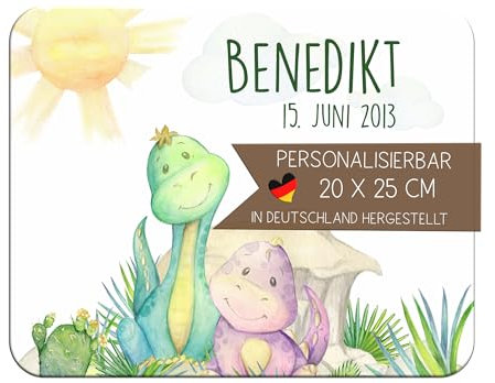 CreaDesign Personalisiertes Kinder Frühstücksbrett mit Namen, 20x25cm,rutschfestes Schneidebrett aus Kunststoff,Dino Dinsoaurier Design,spülmaschinen&mikrowellengeeignet, Schneidbrett für Kinder