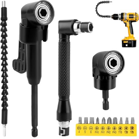 14 Pièces Renvoi d'Angle Visseuse Kit, 105° Tournevis Flexible, Rallonge Perceuse Visseuse Flexible pour Perceuse, Porte Embout pour Forets à Angle Droit d'Extension Kit