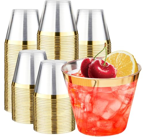 RACETOP 9 oz Clear Disposable Plastic Cups with Gold Rim [200 Pack], Gold Rimmed Plastic Cups Tumblers, Heavy-Duty Party Glasses, Disposable Cups