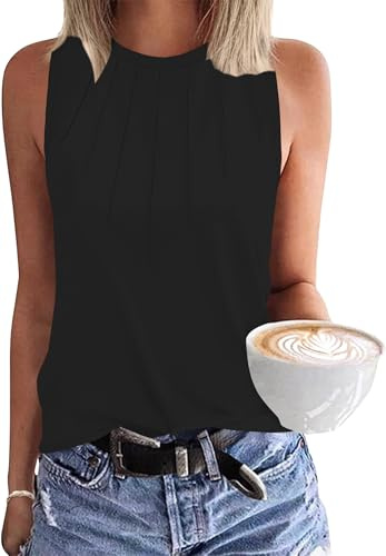 WNEEDU Damen Tank Top Sommer - Ärmellose Oberteile Plissee Rundhals Blusentop T Shirt Tops