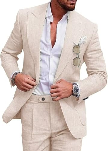 UNINUKOO Linen Suit for Men Summer Wedding Set of 2 Lace Lapels Casual Blazer Trousers Beach Wear for Men
