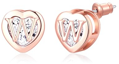 Heart Initial Stud Earrings 14K Rose Gold Plated CZ Hypoallergenic Alphabet Letter Initial Earrings Birthday Gifts for Women (Rose Gold W)