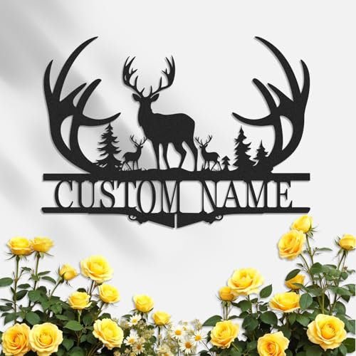 Personalisierte Hirsch Metall Hütten Schild, Benutzerdefiniertes Nachname Schild, Hirsch Dekorationen für Zuhause Rustikal, Jäger Geschenk, Hirsch Wandkunst, Outdoor Camping Dekor, Jagd Dekor