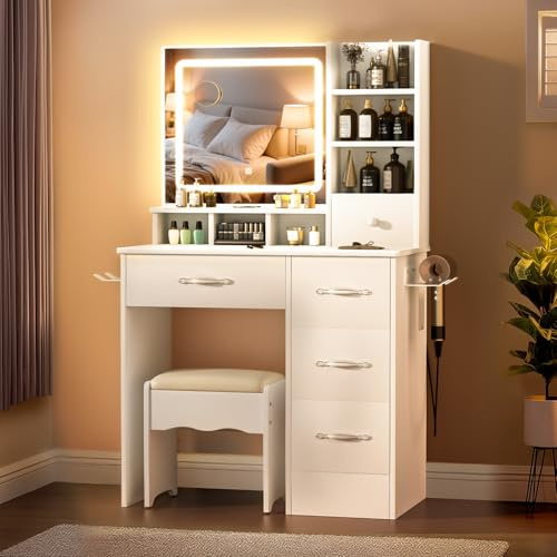 Untimaty Professional Dressing Table With Mirror and Stool, Muti-Drawer | Vanity Table 6 Open Storage Areas + 4 Drawers, with 180 LEDS Light 3 Color Light & Adjustable Brightness, Hairdryer Holder