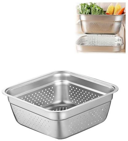 Stainless Steel Washing Up Bowl, Multi-Purpose Dish Tub for Sink, Large Square Container for Kitchen, Vegetable Washing Basin, Multi-functional Metal Dishpan for Home & Camping (Leaky Basin, 28CM)