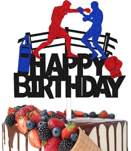 Fitness Happy Birthday Cake Topper, Sports Birthday Theme Party Cake Decoration,RETWOT 1Pcs Happy Birthday Cake Topper Blue Red Black Glitter Cake Decorations for Man Boy Party Supplies
