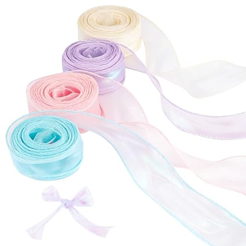 4 Rollen Organzaband für Deko Hochzeit Blumenstrauß Geschenkverpackungen | 40mm x 9m Chiffonband Schimmernde, Schleifenband Schultüte, Schillerndes Organzaband, Durchscheinendes Glitzer Geschenkband