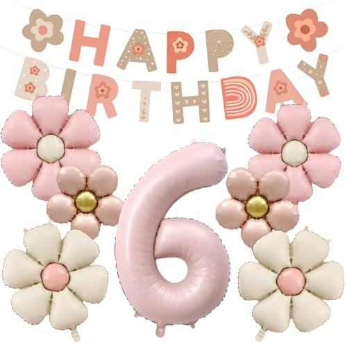 8 Stück Geburtstagsdeko 6 Jahr Mädchen, Gänseblümchen Deko 6 Geburtstag | Gänseblümchen Ballon, Helium Ballon Blume, Feen Deko Kindergeburtstag, für Geburtstag Jubiläum Motto Party