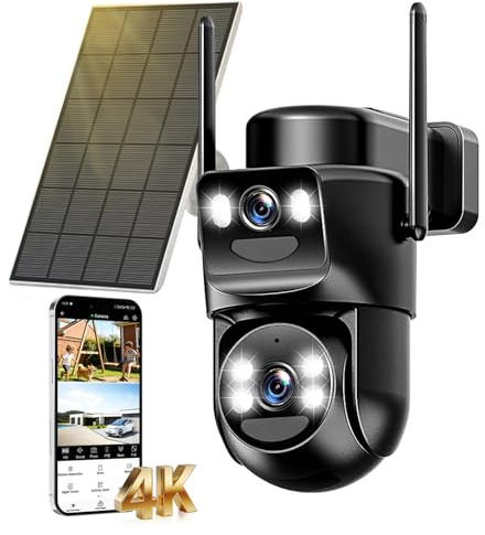 4K Telecamera Wi-Fi Esterno Senza Fili con Pannello Solare,Doppio Obiettivo Videocamera Sorveglianza WiFi con Batteria,Visione Notturna Colori,Audio Bidirezionale,355° PTZ,PIR Rilevamento,2.4G/5GHz