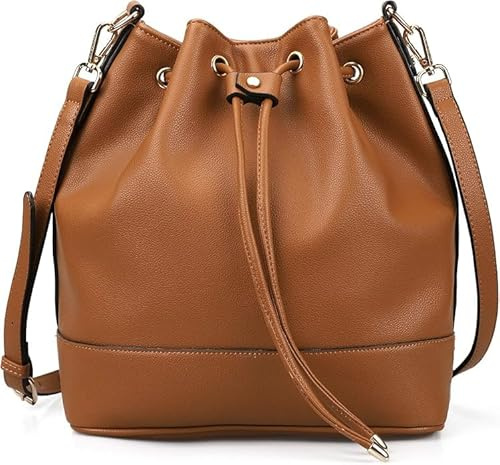AFKOMST Damen Beuteltasche Rosa, Schultertasche & Umhängetasche für Damen, modische Handtasche aus Lederoptik, Kordelzug Tasche mit verstellbarem Schultergurt, elegante Freizeit Tasche(Braun)