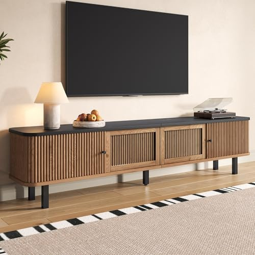 RAPRAP Meuble TV moderne avec deux portes coulissantes, deux portes à grille, 190 x 35 x 45 cm, meuble TV bas en bois, design unique, grand espace de rangement,Oak
