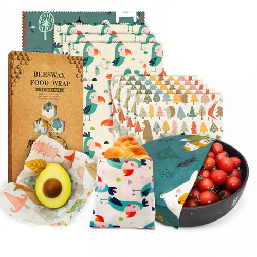 Rusokufo Set 9 Panni Cera D’Api Riutilizzabili Cotone Bio (1L 3M 5S), Alternativa Durevole E Funzionale, Uso per Cucina Frutta E Snack, Facile da Usare, Design Animali, Buon Rapporto qualità Prezzo