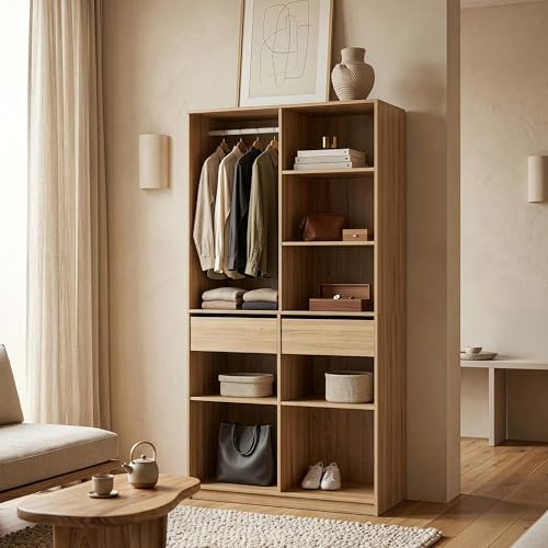[en.casa] Kleiderschrank offen Vippsaki mit Kleiderstange 7 Fächer Kleiderständer 2 Schubladen Schrank Schlafzimmer Garderobe 200 x 100 x 50 cm Eichoptik