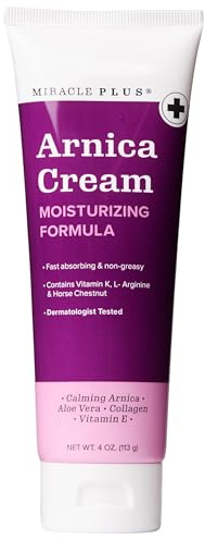 Miracle Plus Arnica Cream Bruise Relief Lotion For Bruising | Arnica Montana Extra Strength Vitamin K Cream | Moisturizing Formula Skin Care Gel With Horse Chestnut, 4 Fl Oz