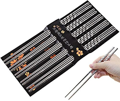 Chopsticks, Cozyswan 5 Pairs Stainless Steel Chopsticks Washable for Dishwasher 20 cm for Sushi Noodle Rice BBQ