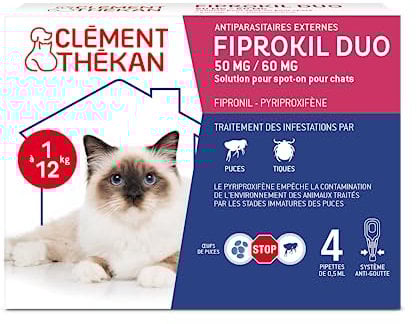 Clément Thékan - Anti-puces et Anti-tiques pour Chats - Protection 2 en 1 : Protège Votre Chat et Son Environnement - Actif Contre Les œufs de puces - 4 pipettes Fiprokil Duo (50mg/60mg)