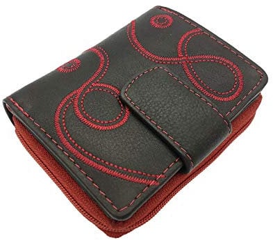 Jockey Club kleine echt Leder Damen Geldbörse Portemonnaie mit RFID Schutz softes Rindleder mit Stickerei Loop (Rot)