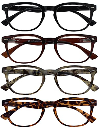 OPULIZE ORA Reading Glasses for Men Women - 4 Pack - Designer Style Rounded Frame - Scratch Resistant Lens - Spring Hinges - Black, Dark Brown, Brown & Grey Tortoiseshell +2.50