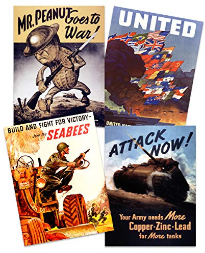 Artery8 US Military World War 2 Army United Seabees Tank Mr Peanut Home Decor Premium Wall Art Poster Pack of 4 Militär Welt Krieg Heer Panzer Zuhause Deko Wand