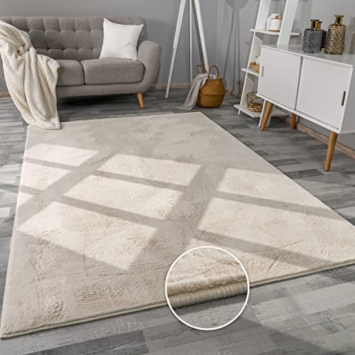 Paco Home Teppich Wohnzimmer Kunstfell weich waschbar modern elegant pflegeleicht Felloptik Uni Seidenglanz flauschig Kurzflor, Grösse:60x90 cm, Farbe:Creme
