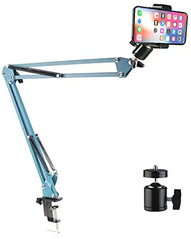YIYANT Overhead Tripod Mount Articulating Arm, Cell Phone Holder, Video Webcam Stand, Lazy Desk Clamp Table Desktop Suspension Scissor Stand Accessory for Video Recording Live (Blue)