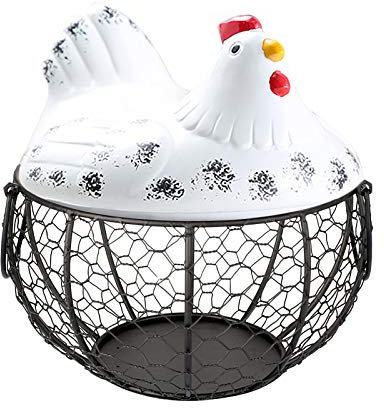 Panier Rangement pour Œufs,avec Couvercle pour Poule en Céramique,Organisateur Collations Aux Fruits,Collection Créative Panier,Accessoires Cuisine pour Décoration Intérieure Stockage de légumes (WH)