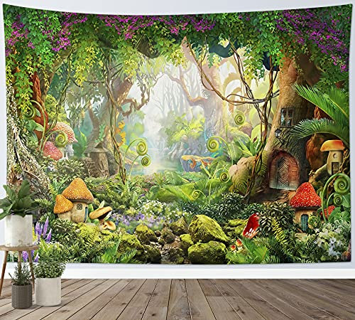 LB Wandteppich Fantasie-grüner Wald Wandtuch für Kinder Märchen Wandbehang Pflanzen und Blumen Tapisserie für Wohnzimmer Schlafzimmer Wohnheim Wanddeko,235x180cm