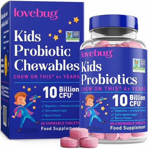 lovebug PROBIOTICS for Kids – Probiotic Chewables with Prebiotic Fiber for Age 4+, Daily Children's Gut Health, Constipation, Digestive & Immune Support Supplement, Sugar-Free Berry Flavor, 60 ct