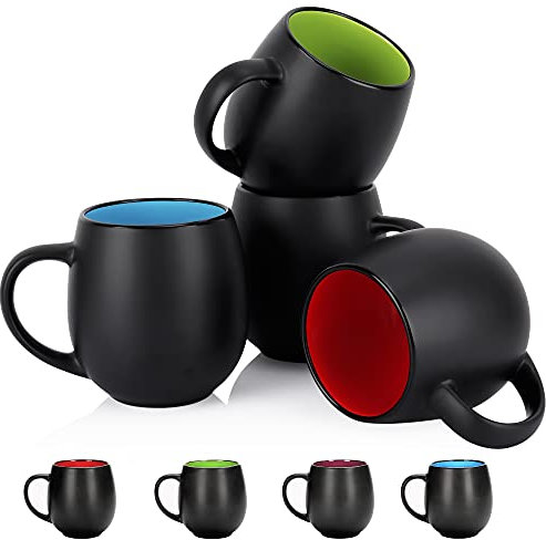 Vivimee Kaffeetassen-Set, Keramik, 530 ml, Schwarz, für Kaffee, Tee, Cappuccino, Kakao, Müsli, Schwarz außen und bunt innen, 4 Stück