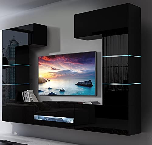 Furnitech Wohnwand Wohnzimmer | Wohnzimmer Möbel mit LED RGB - 16 Farben | Hängend Wohnwand Modern | Wohnzimmer Schrankwand mit Regale und TV Schrank (Future 60/HG/B/1 1A)