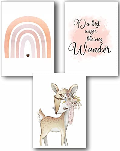3er Set Wandbilder Kinderzimmer Poster | Din A3 & Din A4 | Babyzimmer Deko Mädchen Jungen Bilder Dekoration Aquarell Waldtiere skandinavisch (P1004)