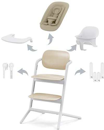 CYBEX Gold LEMO Hochstuhl 4in1-Set, Mitwachsend, 0 - 99 Jahre, Ab Geburt, Inkl. Bouncer Nest, Baby-Set, Snack Tray, Neugeboreneneinlage und Adapter-Set, Buchenholz/Aluminium/Kunststoff, Sand White
