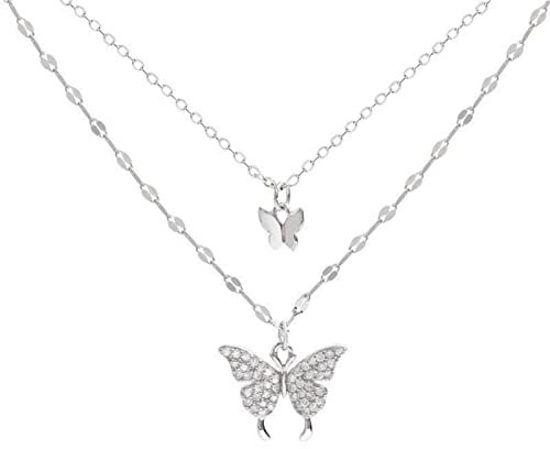 ZAGZIG 925 Sterling Silber Schmetterling Halskette für Frauen Doppelschicht Schlüsselbeinkette Glänzend CZ Halskette Zierliche Geschenke Party Schmuck Geschenk