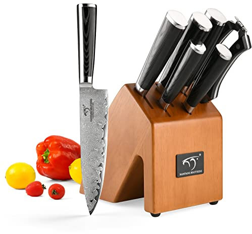 Damascus Knife Set 7 Pcs with Wooden Handle, Damascus Steel Kitchen Knife Block Sets, Professional Chef's,Santoku,Universal, Fruit,Bread and Kitchen Scissors