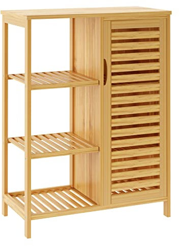 sogesfurniture Meuble de Rangement en Bambou, Armoire de Salle de Bain avec 3 Étagères et 1 Portes à Persiennes, pour Salle à Manger, Salon, Cuisine, 66 x 33 x 87 cm