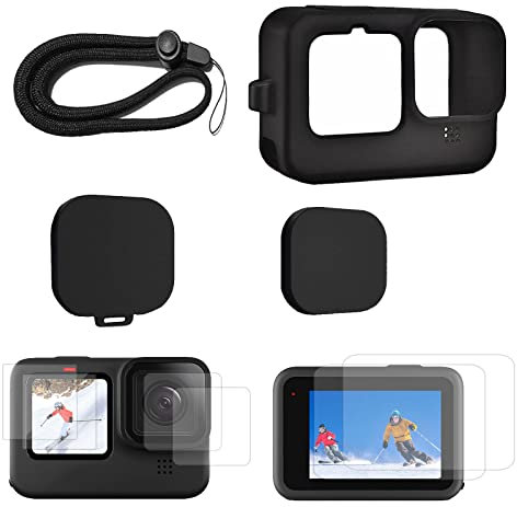 TEKCAM Custodia in Silicone Compatibile con GoPro Hero 12 11 10 9 Nero, Custodia Protettiva + 6 Pellicola Protettiva in Vetro Temperato + Copriobiettivo + Cordino, Kit di accessori per Action Cam