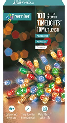 Premier 100 Timelights Battery Operated 10m Clear Cable Multi Action String Lights - Multi-Coloured